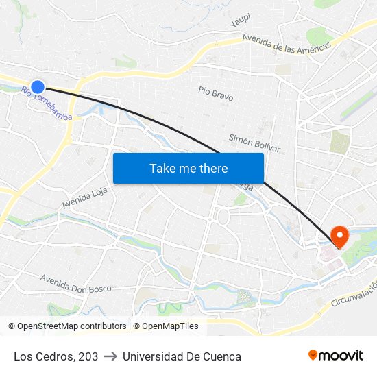 Los Cedros, 203 to Universidad De Cuenca map