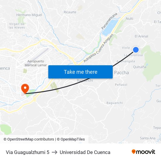 Via Guagualzhumi 5 to Universidad De Cuenca map