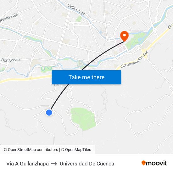 Via A Gullanzhapa to Universidad De Cuenca map
