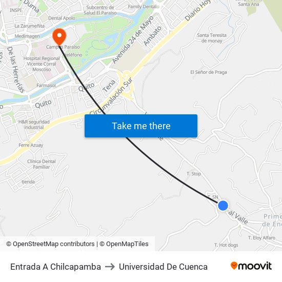 Entrada A Chilcapamba to Universidad De Cuenca map