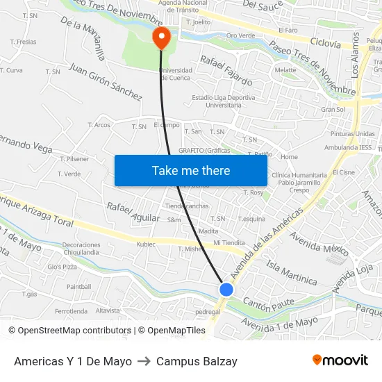 Americas Y 1 De Mayo to Campus Balzay map