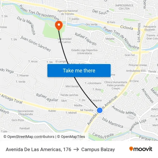 Avenida De Las Americas, 176 to Campus Balzay map