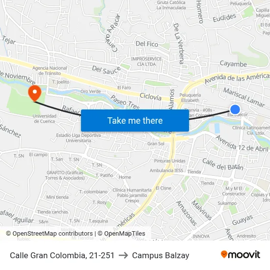 Calle Gran Colombia, 21-251 to Campus Balzay map