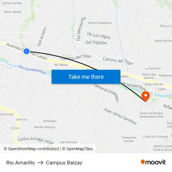 Rio Amarillo to Campus Balzay map