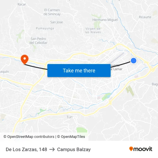De Los Zarzas, 148 to Campus Balzay map