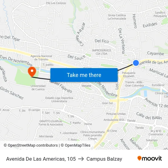 Avenida De Las Americas, 105 to Campus Balzay map