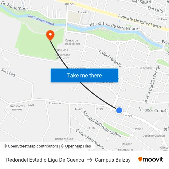 Redondel Estadio Liga De Cuenca to Campus Balzay map