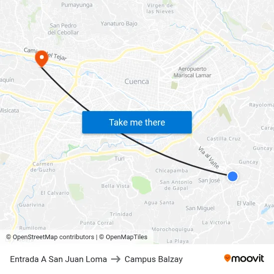 Entrada A San Juan Loma to Campus Balzay map