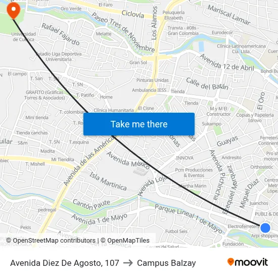 Avenida Diez De Agosto, 107 to Campus Balzay map
