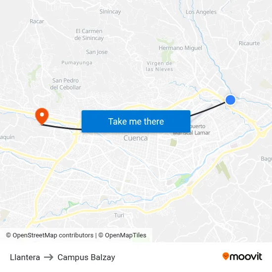 Llantera to Campus Balzay map