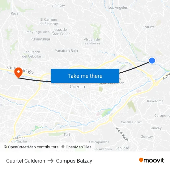 Cuartel Calderon to Campus Balzay map