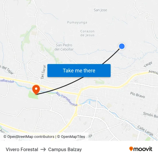 Vivero Forestal to Campus Balzay map