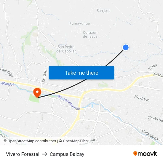 Vivero Forestal to Campus Balzay map