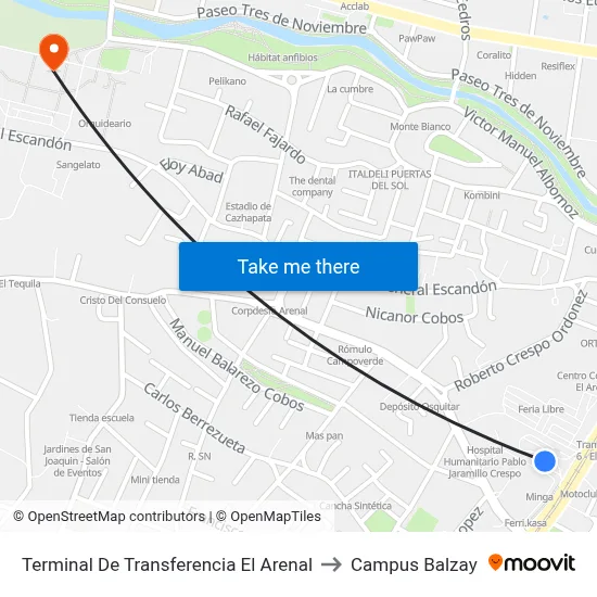 Terminal De Transferencia El Arenal to Campus Balzay map