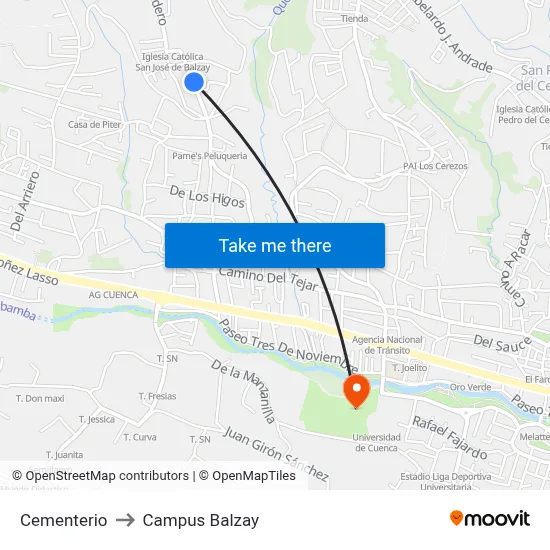 Cementerio to Campus Balzay map