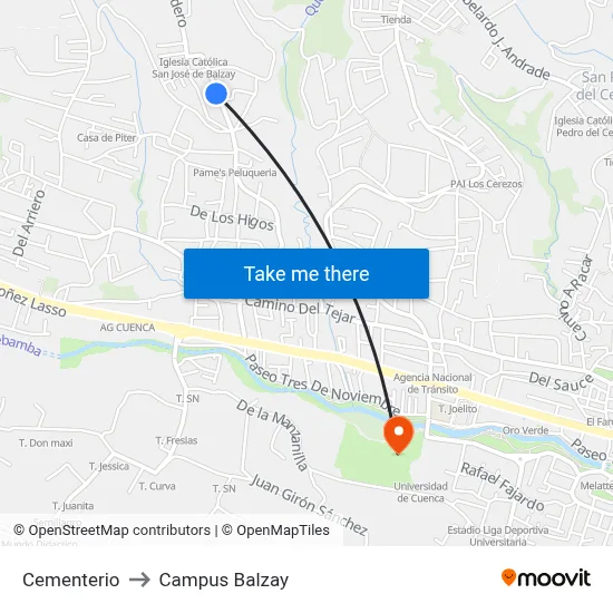 Cementerio to Campus Balzay map