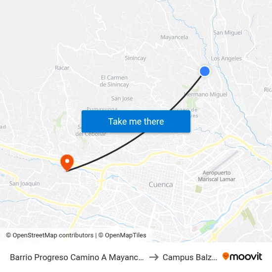 Barrio Progreso Camino A Mayancela to Campus Balzay map