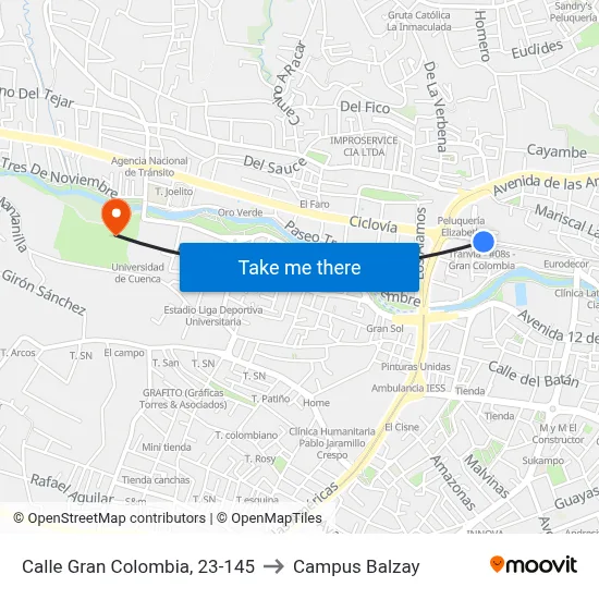 Calle Gran Colombia, 23-145 to Campus Balzay map