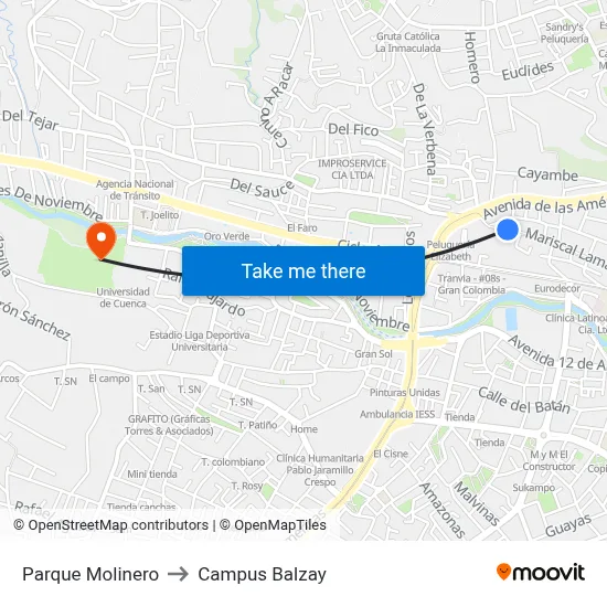 Parque Molinero to Campus Balzay map
