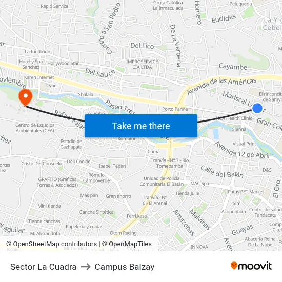 Sector La Cuadra to Campus Balzay map