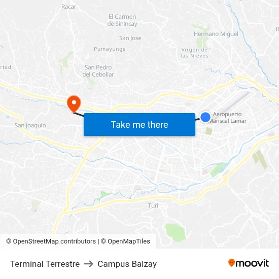 Terminal Terrestre to Campus Balzay map