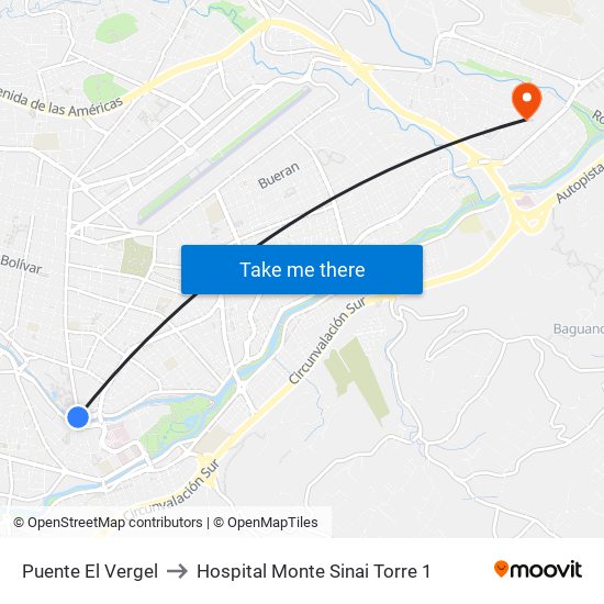 Puente El Vergel to Hospital Monte Sinai Torre 1 map