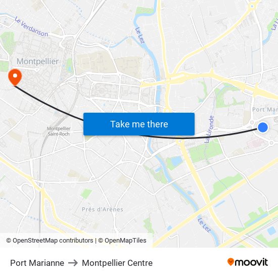 Port Marianne to Montpellier Centre map
