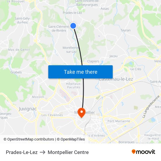 Prades-Le-Lez to Montpellier Centre map