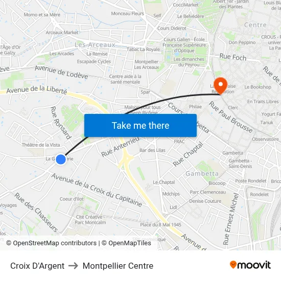 Croix D'Argent to Montpellier Centre map
