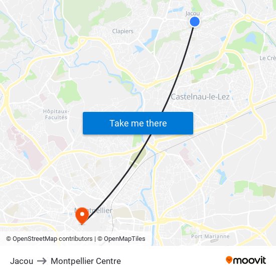 Jacou to Montpellier Centre map