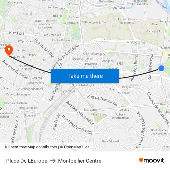 Place De L'Europe to Montpellier Centre map