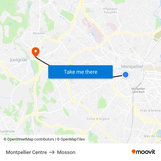Montpellier Centre to Mosson map