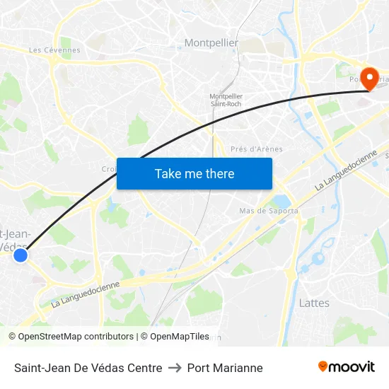 Saint-Jean De Védas Centre to Port Marianne map