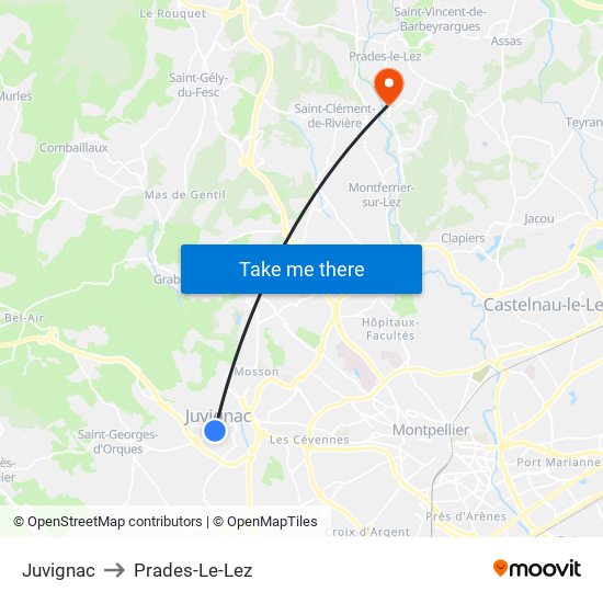 Juvignac to Prades-Le-Lez map