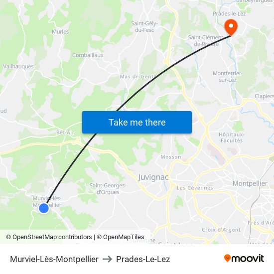 Murviel-Lès-Montpellier to Prades-Le-Lez map