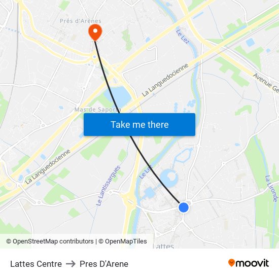 Lattes Centre to Pres D'Arene map