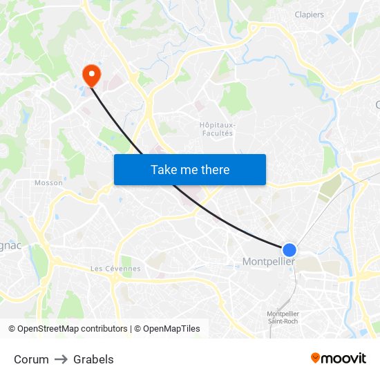 Corum to Grabels map