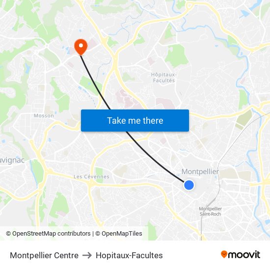 Montpellier Centre to Hopitaux-Facultes map