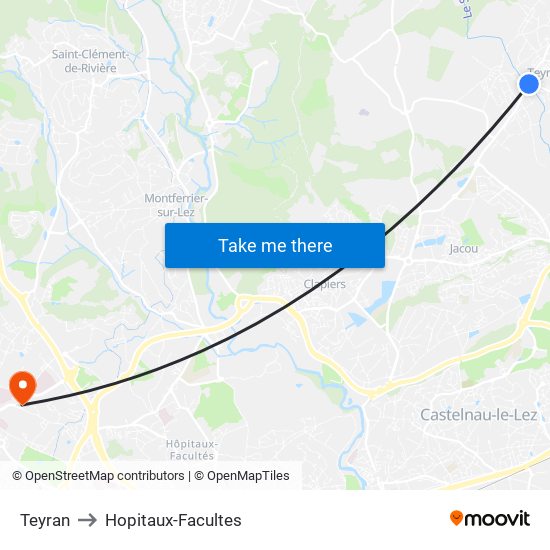 Teyran to Hopitaux-Facultes map