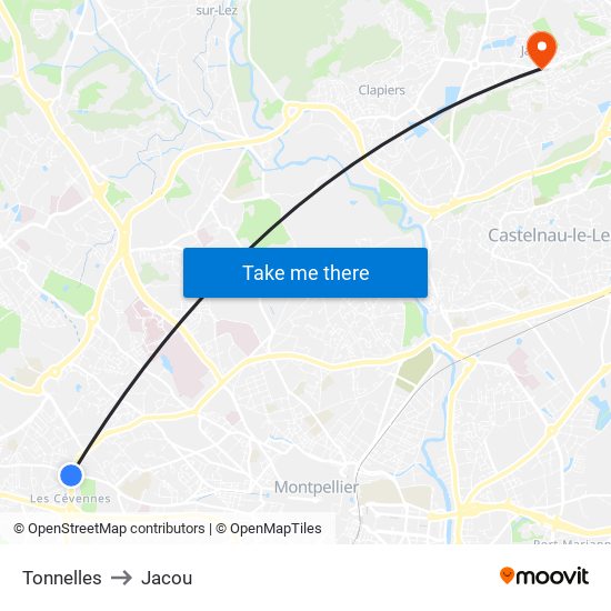 Tonnelles to Jacou map