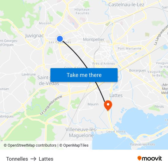 Tonnelles to Lattes map