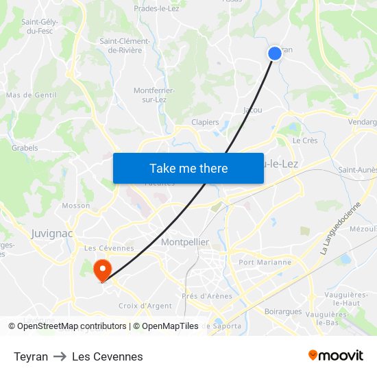 Teyran to Les Cevennes map