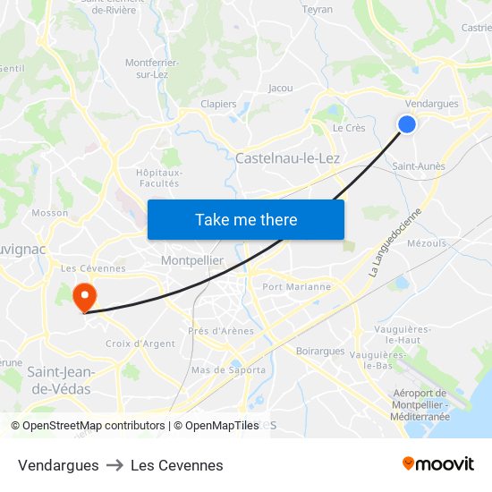 Vendargues to Les Cevennes map