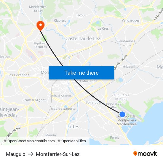 Mauguio to Montferrier-Sur-Lez map