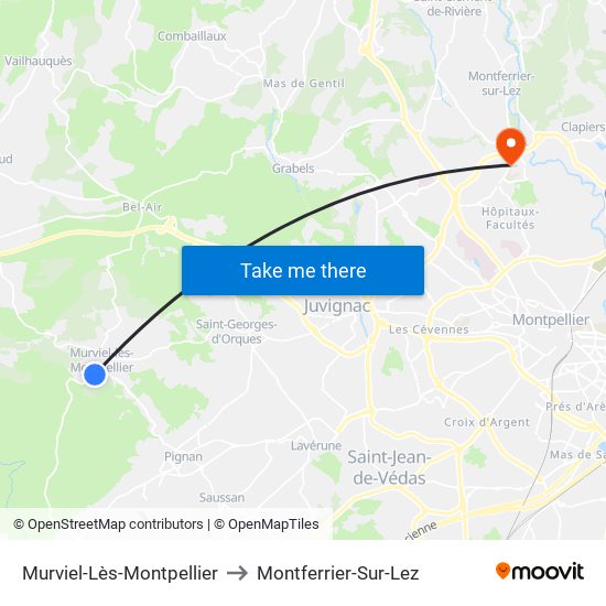 Murviel-Lès-Montpellier to Montferrier-Sur-Lez map