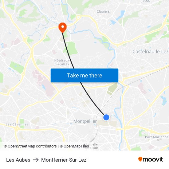 Les Aubes to Montferrier-Sur-Lez map