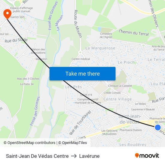 Saint-Jean De Védas Centre to Lavérune map