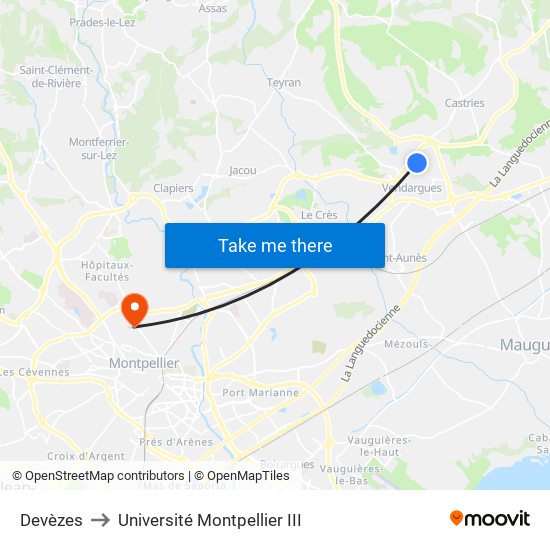 Devèzes to Université Montpellier III map