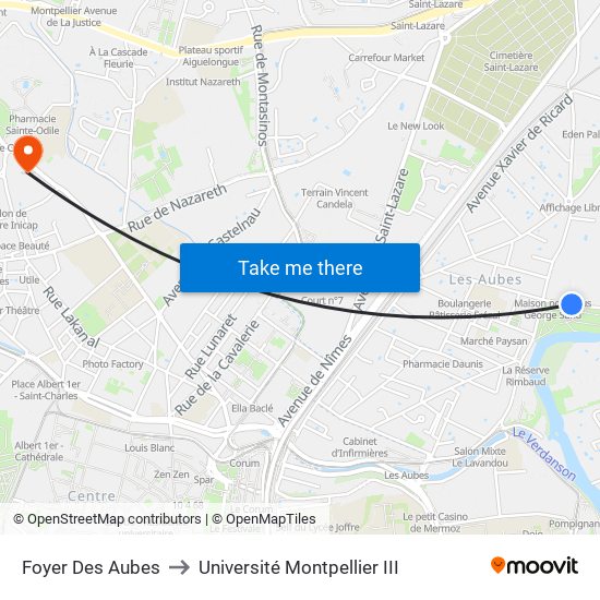 Foyer Des Aubes to Université Montpellier III map