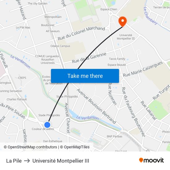 La Pile to Université Montpellier III map